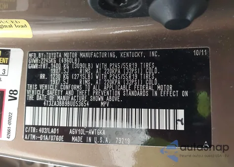 2011 Toyota Venza z USA, uszkodzony, nr VIN 4T3ZA3BB9BU053654